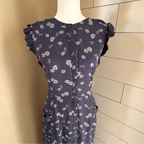 Womens Simply Vera Wang Ditsy Mid Butterfly Cap Dress Size L Blue Missing Lining - Picture 2 of 7